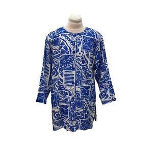 VINTAGE BARBARA GERWIT Blue White Artsy 100% Cotton Mesh Top MEDIUM Art Teacher